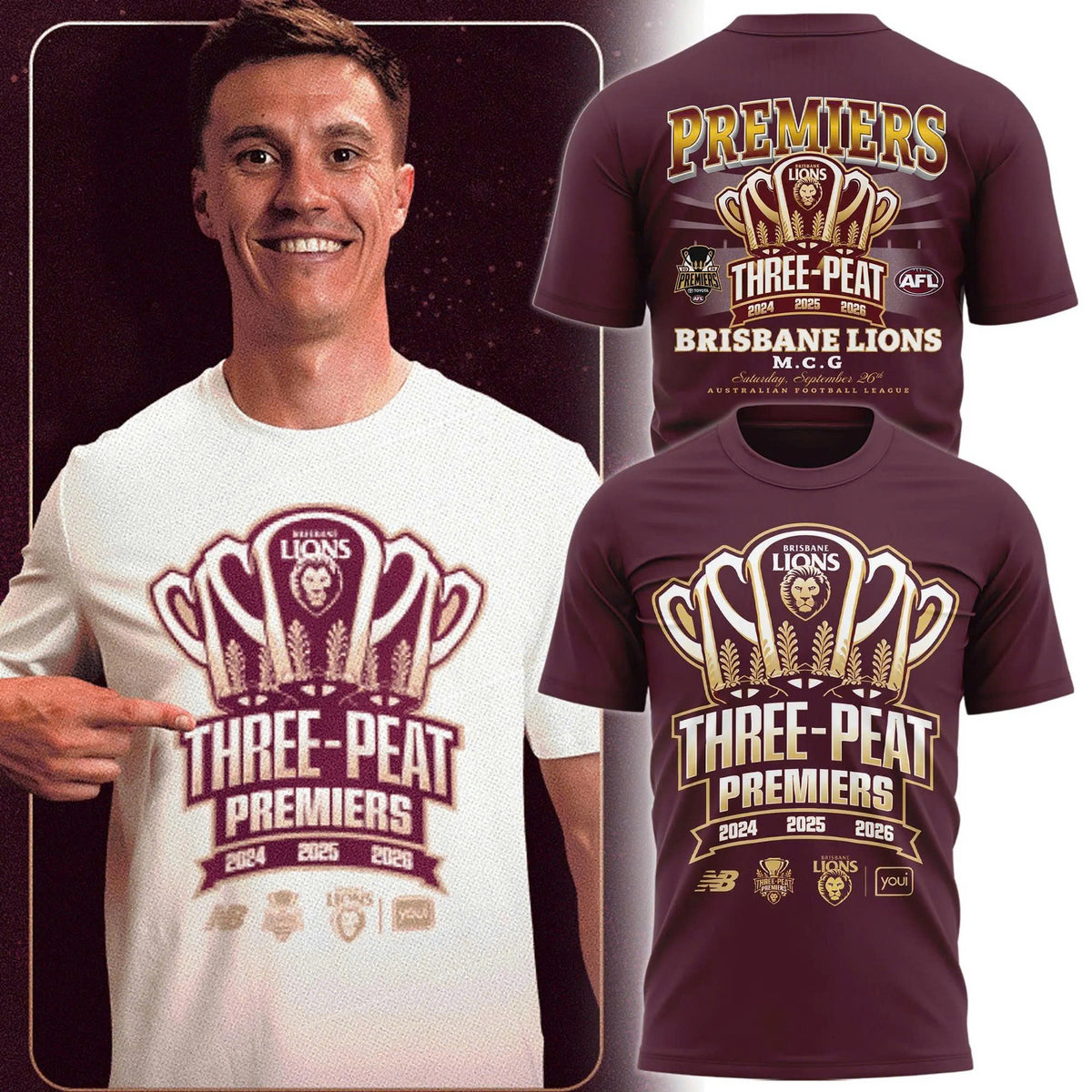 3D All Over Printed Brisbane Lions 2026 AFL Three - Peat Premiers Shirt 260975