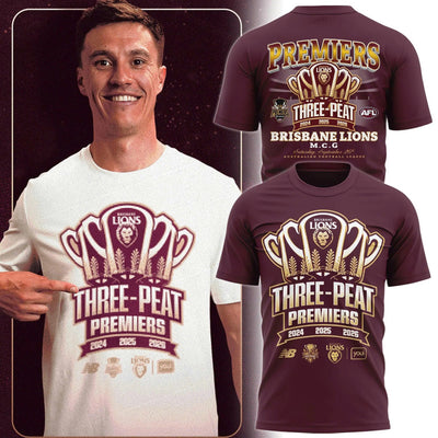 3D All Over Printed Brisbane Lions 2026 AFL Three - Peat Premiers Shirt 260975