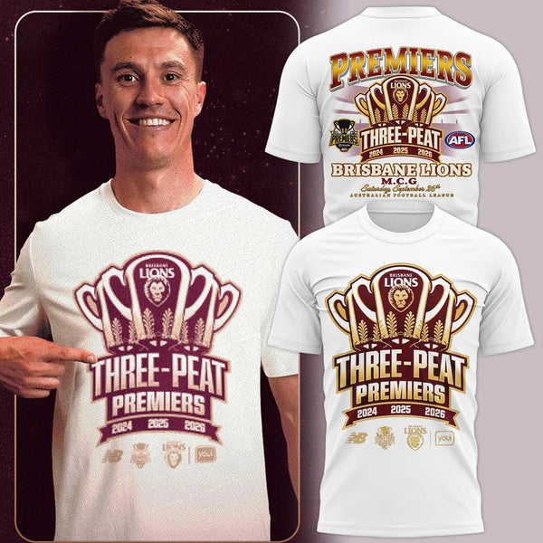 3D All Over Printed Brisbane Lions 2026 AFL Three - Peat Premiers Shirt 260976