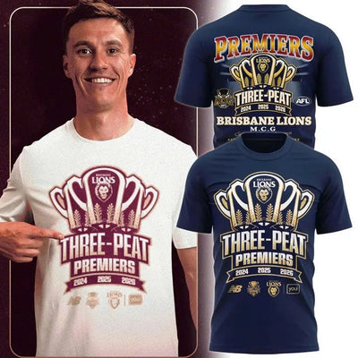 3D All Over Printed Brisbane Lions 2026 AFL Three - Peat Premiers Shirt 260977