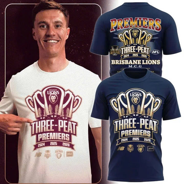 3D All Over Printed Brisbane Lions 2026 AFL Three - Peat Premiers Shirt 260977