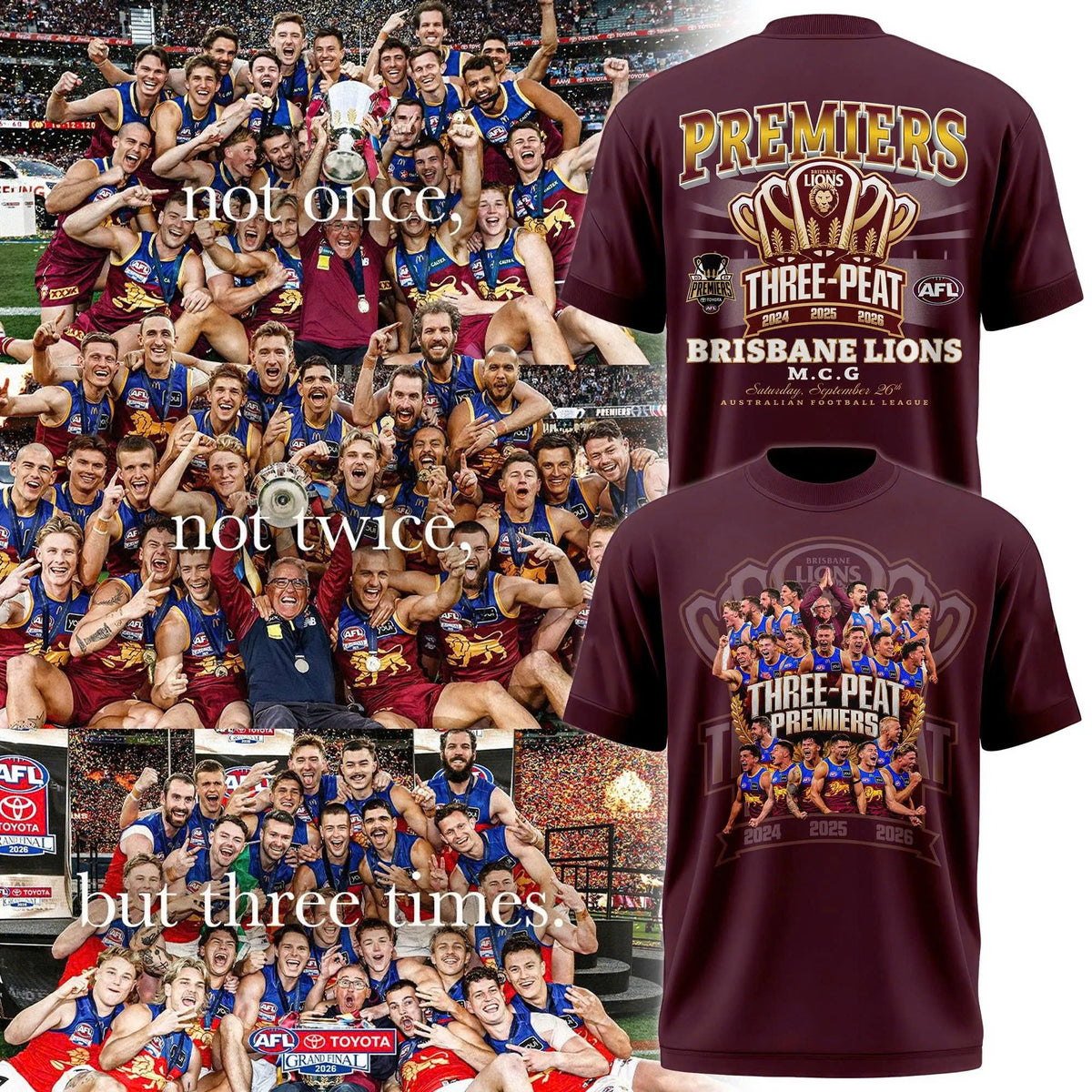 3D All Over Printed Brisbane Lions 2026 AFL Three - Peat Premiers Shirt 260979